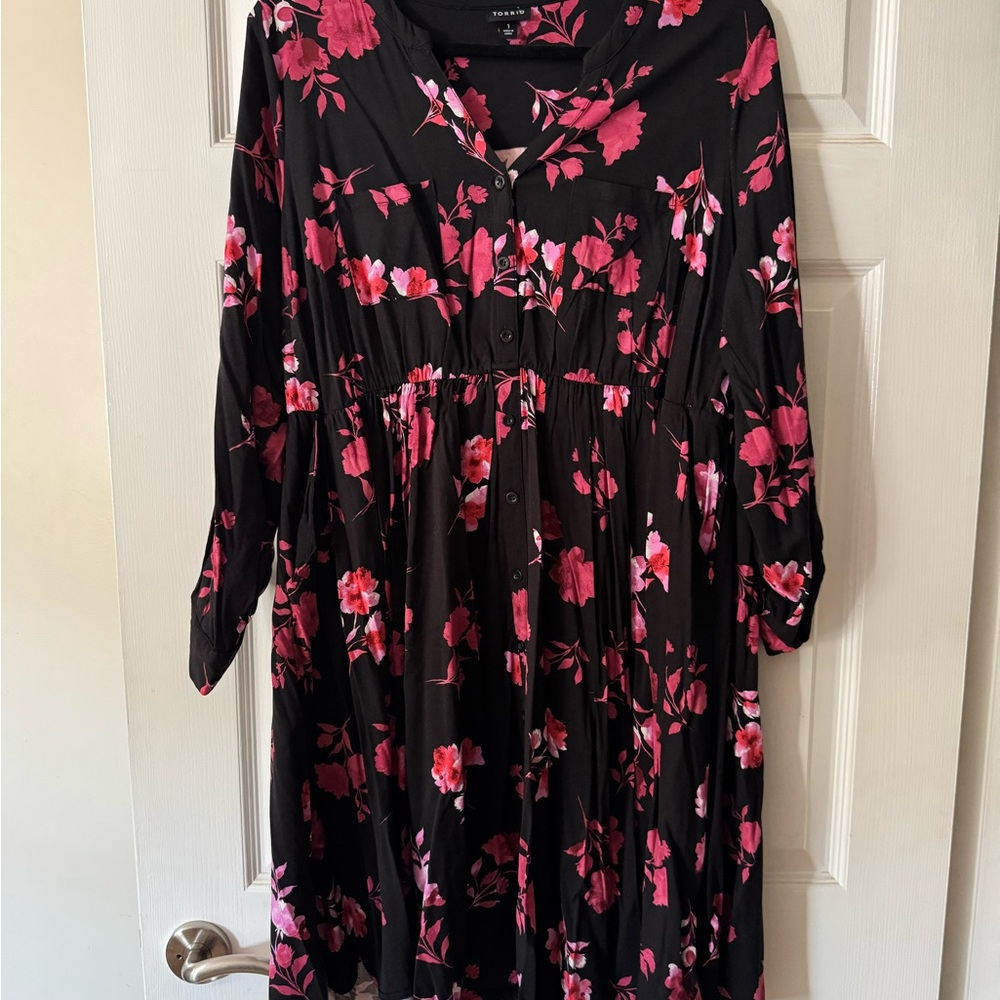 Torrid Black and Pink Floral Long Sleeve Dress